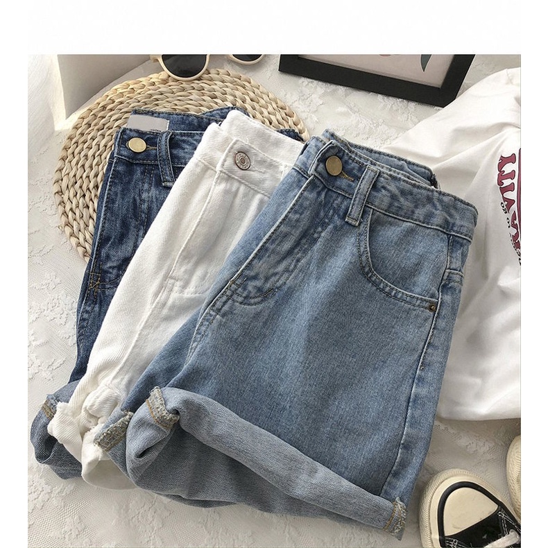 Quần Short denim Lưng Cao Ống Rộng Phong Cách Hàn Quốc Dành Cho Nữ