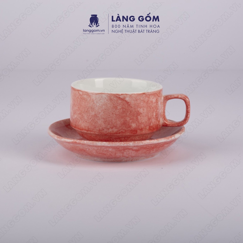 Cốc cà phê Cappuccino vân đá kèm đĩa, dáng vuông, dung tích 150ml, gốm sứ Bát Tràng cao cấp giữ nhiệt - LÀNG GỐM