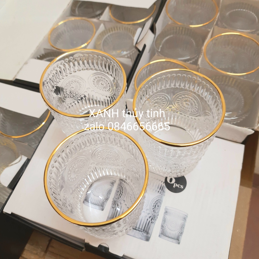 Cốc thủy tinh họa tiết Mặt trời (RETRO) sang trọng, cổ điển viền vàng 300ml - 365ml (1 chiếc)