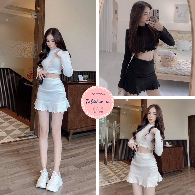 Set đồ nữ ôm body sang chảnh set váy áo croptop dài tay vải thun gân bèo lai đi chơi đi tiệc siêu xinh