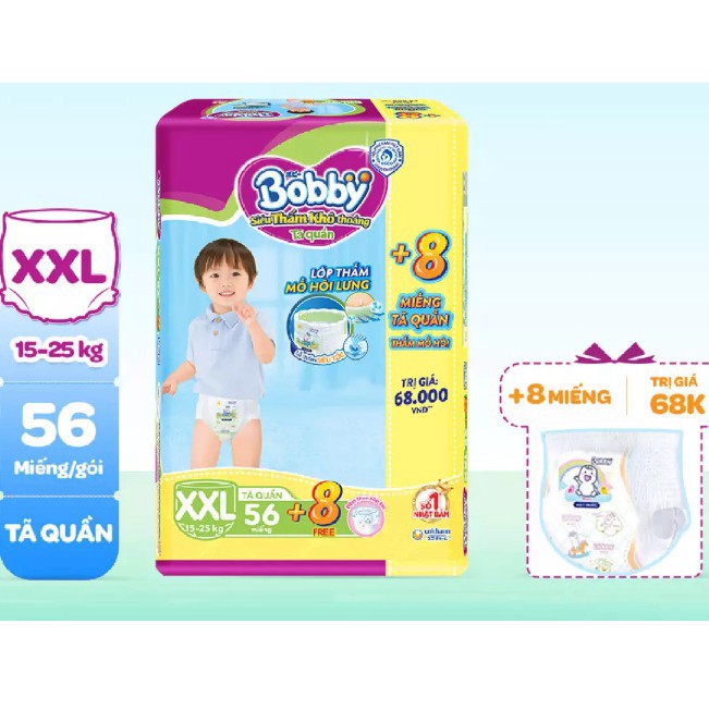 Tã/Bỉm Quần Bobby M76/L68/XL62/XXL56 Tặng 8 Miếng , XXXL24 (KM) Tã hoặc khăn giây ướt