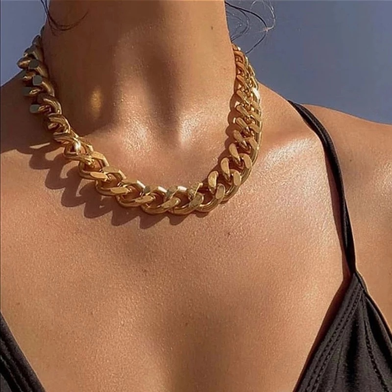 Vòng cổ dây xích kim loại dày phong cách Punk cổ điển thời trang cho nữ
