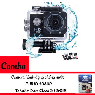  Camera hành động chống nước FullHD 1080P Đen kèm thẻ nhớ Team chuyên dụng Class 10 16GB