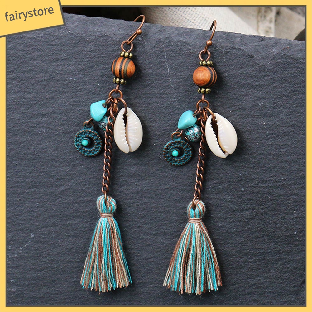 Khuyên tai tua rua kiểu dài đính vỏ sò phong cách Bohemian thời trang