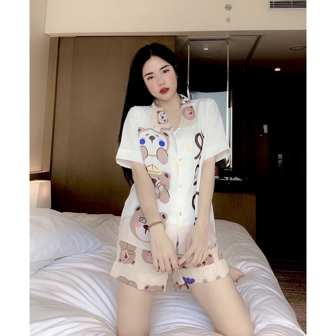 (Dưới 62kg) Đồ bộ pijama mặc nhà Lụa Mango tay ngắn quần đùi cổ sen dễ thương cho bạn nữ