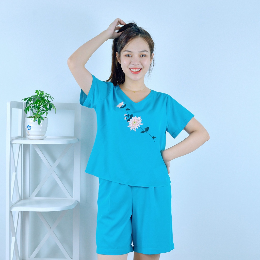 Bộ đồ nữ MÀU XANH CỔ TIM IN HOA  - vải lụa cao cấp - Cực Kì Sang Chảnh