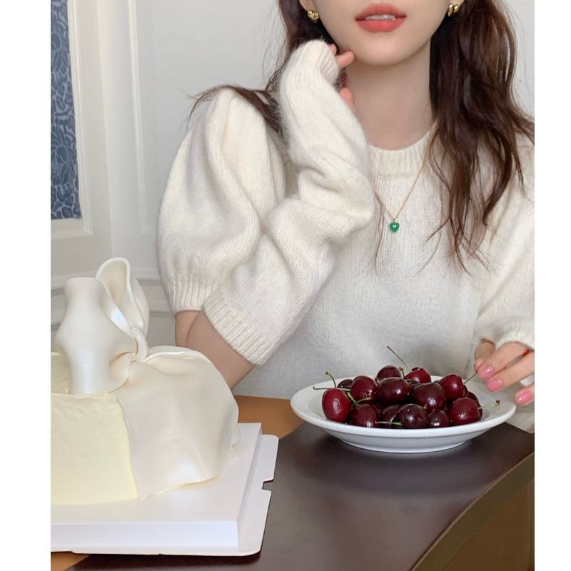 Áo Sweater Dệt Kim Tay Phồng Ngắn Thời Trang Thu Đông Cho Nữ