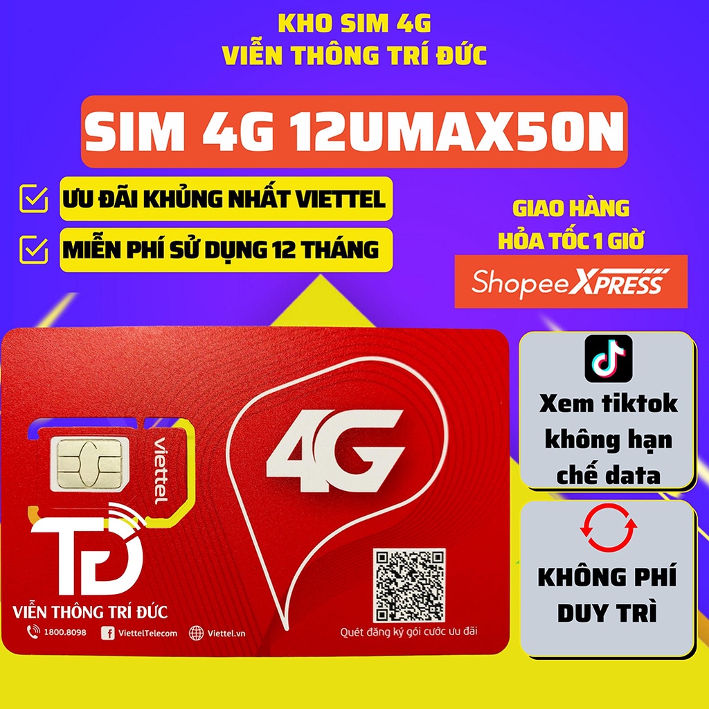 Sim 4G Viettel Trọn Gói 1 Năm D500/D500T/12UMAX50N, Vinaphone D500 Data 5Gb/Tháng, Sim 4G 1 Năm Data Không giới hạn