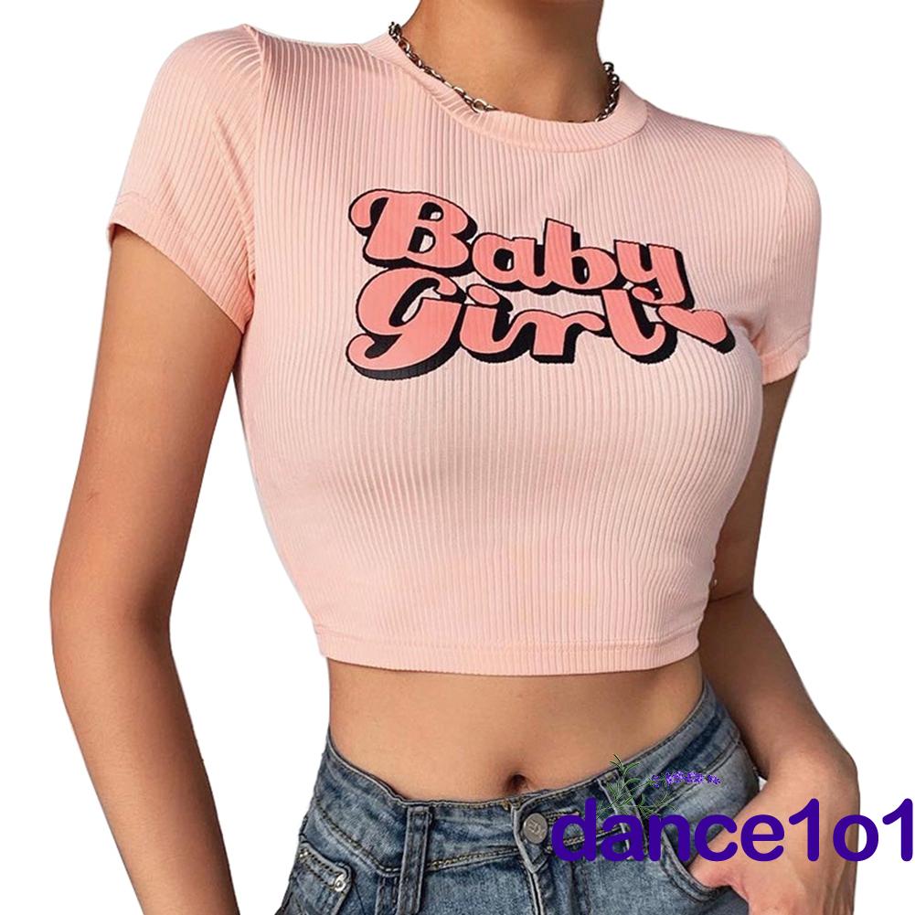 Áo croptop ngắn tay cổ tròn in chữ đáng yêu thời trang cho nữ