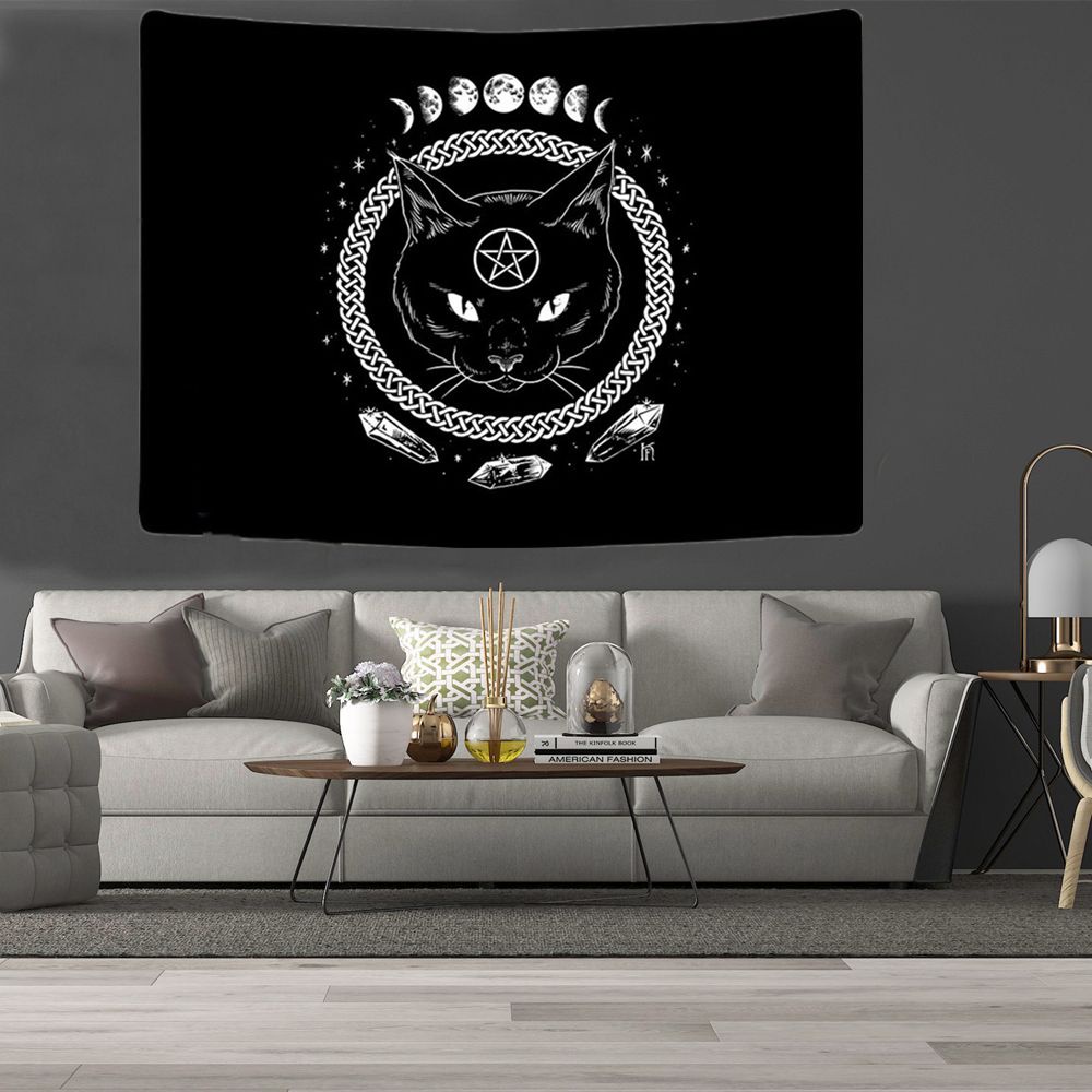 Thảm treo tường in họa tiết chú mèo màu đen trắng kích thước 95*73cm dùng trang trí nội thất