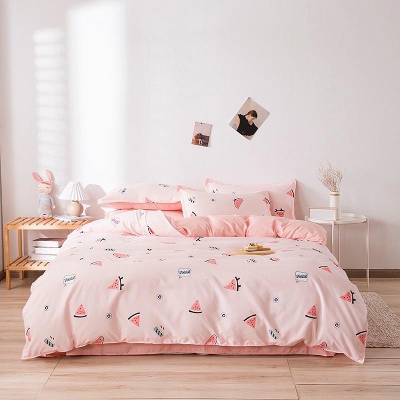Chăn ga gối cotton poly đáng yêu - Mẫu dưa hấu hồng.