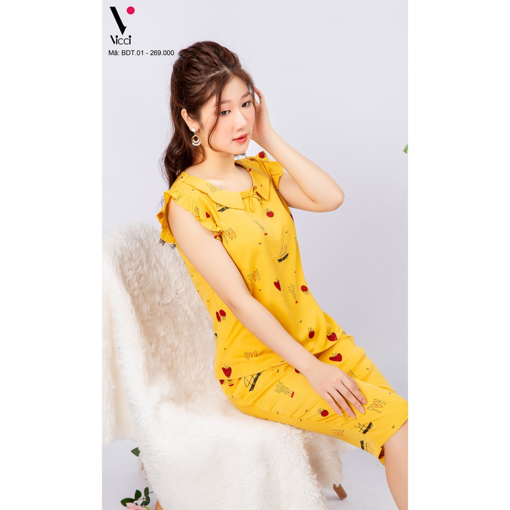 Bộ đồ mặc nhà đũi Vicci BDT.01 áo tay bèo nhún quần lửng nhiều họa tiết