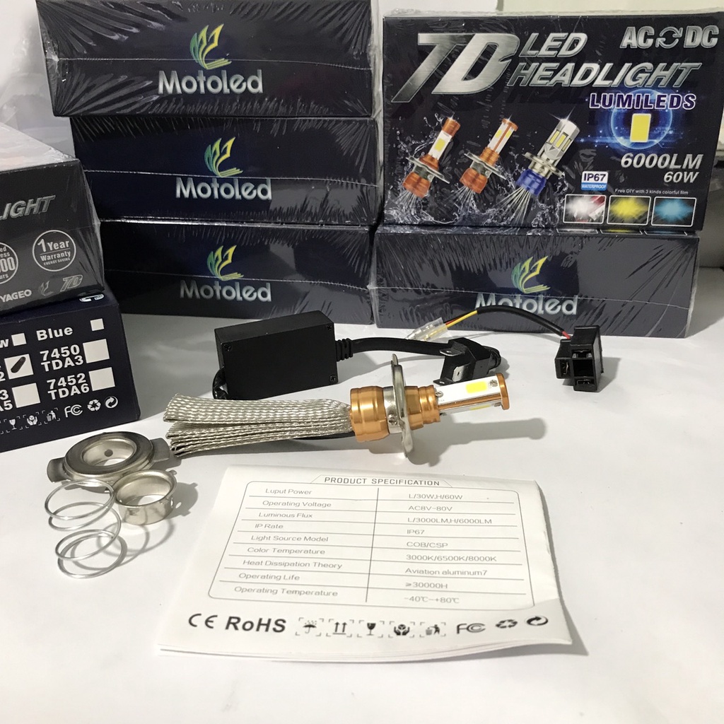 Đèn pha led râu 3 Tim đủ chân 2in1 T19 H4 Motoled 60W 6000lument IP67 Mã 7374 TDA5