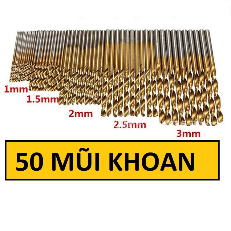 Bộ 50 mũi khoan thép gió bọc titanium kích thước 1/ 1.5/ 2/ 2.5/3