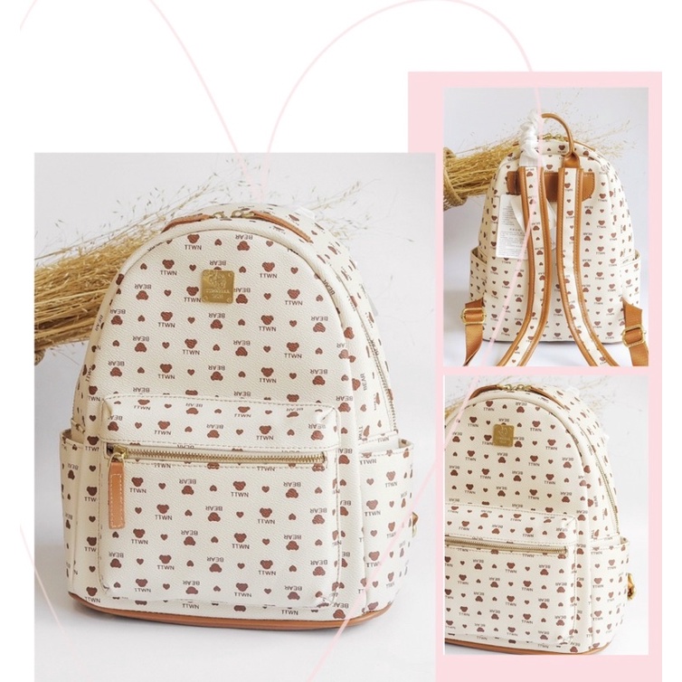 TNS - Balo form vuông  Court TTWN Bear Backpack--tone trắng gấu nâu siêu trendy