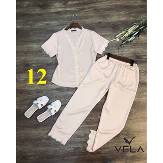 Bộ đồ ngủ quần dài phối Ren Cổ Tim lụa Satin VELA