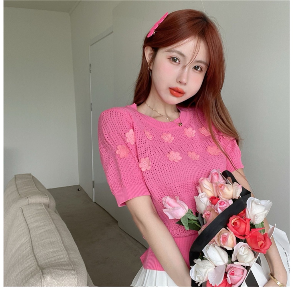 Áo thun ZHELIHANGFEI tay ngắn phồng họa tiết hoa dễ phối đồ thời trang cho nữ