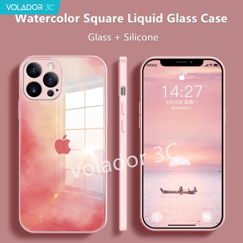 Ốp điện thoại kính cường lực màu nước viền mềm cho iPhone 13 12 11 Pro XS Max XR X 8 7 Plus