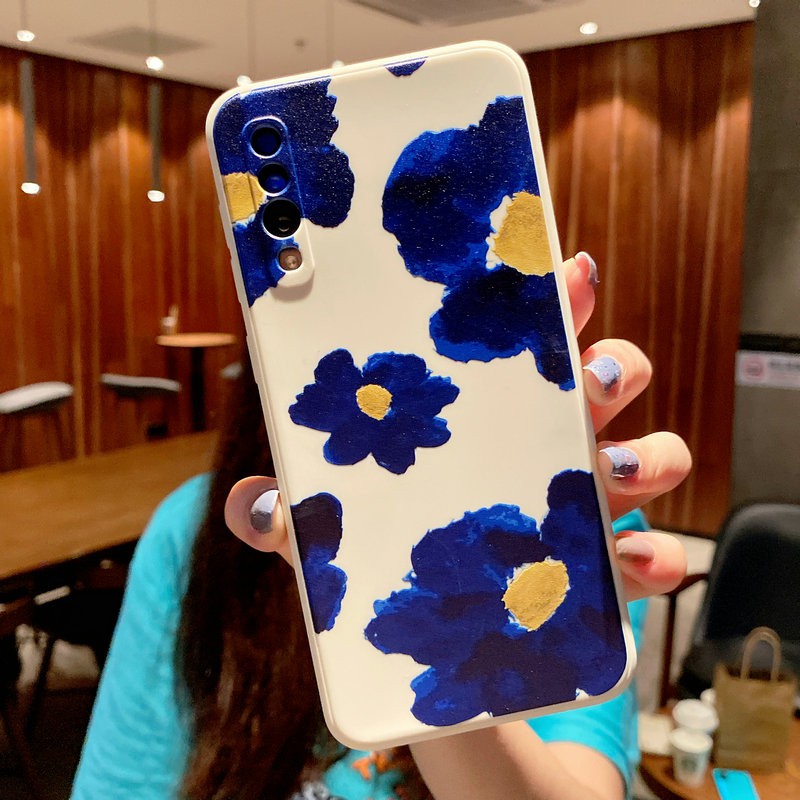 Realme C25 C15 C12 C11 6i 5i 5s Narzo30A OPPO A53 A52 A92 A74 A93 A94 A54 A15s A5 A9 2020 A5s A7 A12 Blue oil Painting Flower Anti-shock Soft TPU Camera Lens Protector Back Cover Case | FK25