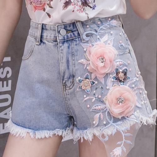 High-waisted denim shorts women's summer 2022 new fashion heavy industry embroidered short-sleeved T-shirt two sets of fashion