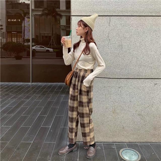 Quần baggy ống rộng kẻ caro Unisex nam nữ