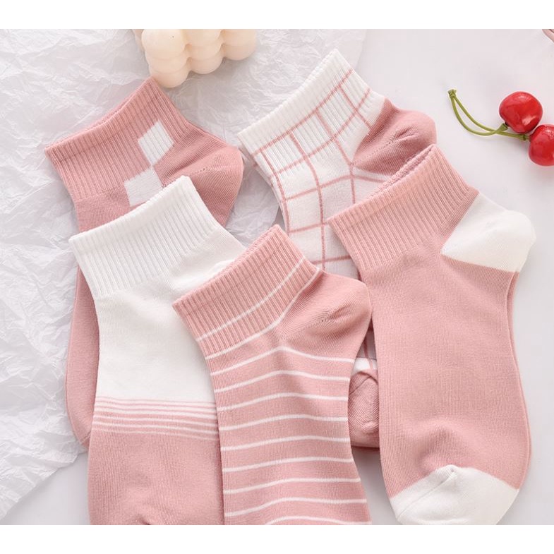 Set 10 Đôi Tất Vớ Nữ Ngắn Cổ Kẻ Hồng SS2 Siêu HOT