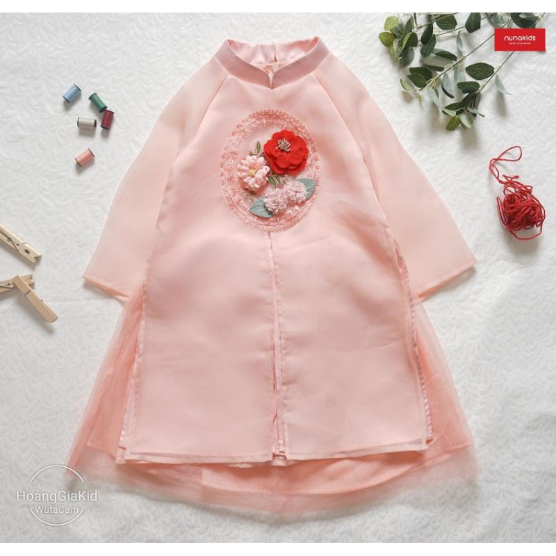 (Hàng thiết kế - Hoanggiakids) Set áo dài Cát Tường màu hồng nhạt cho bé gái