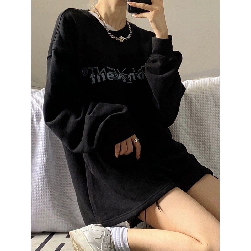 Áo Nỉ Dài Trung Bình Cổ Tròn Dáng Rộng In Chữ Thời Trang Mùa Thu Cho Nữ