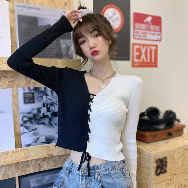 Áo Dệt Kim Tay Dài Dáng Ôm Phối Ren Màu Sắc Thời Trang Hàn Quốc Cho Nữ