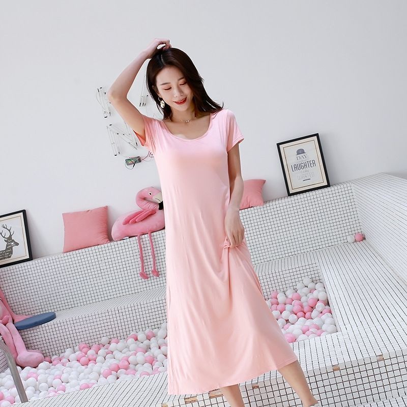 Đầm ngủ maxi vải cotton ngắn tay dáng rộng màu trơn có đệm ngực nhiều kích thước cho nữ