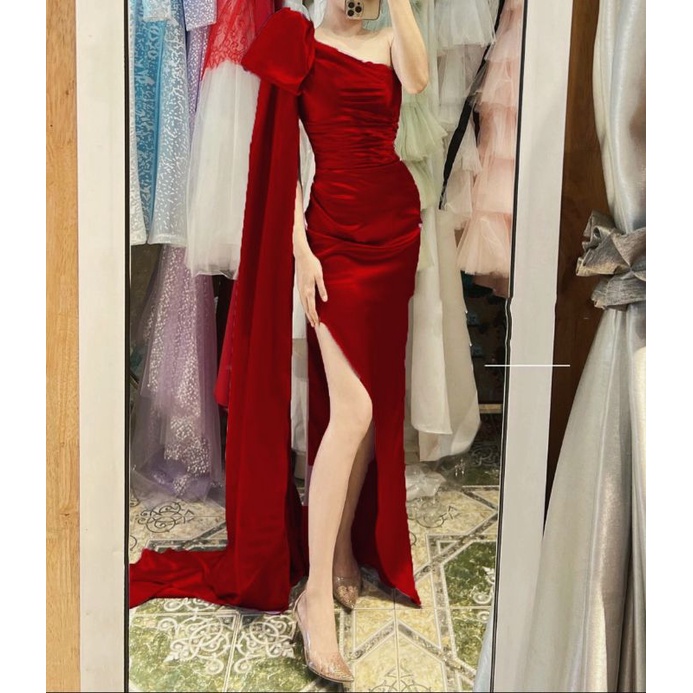 Đầm váy dạ hội body lụa xẻ tà phối nơ và tà vai