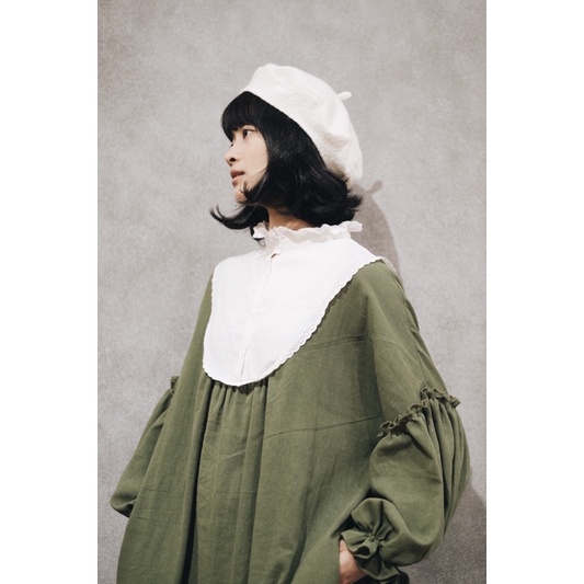 Đầm vintage vải thô xô Nhật váy dáng dài có túi phối cổ bèo ren cotton xinh xắn