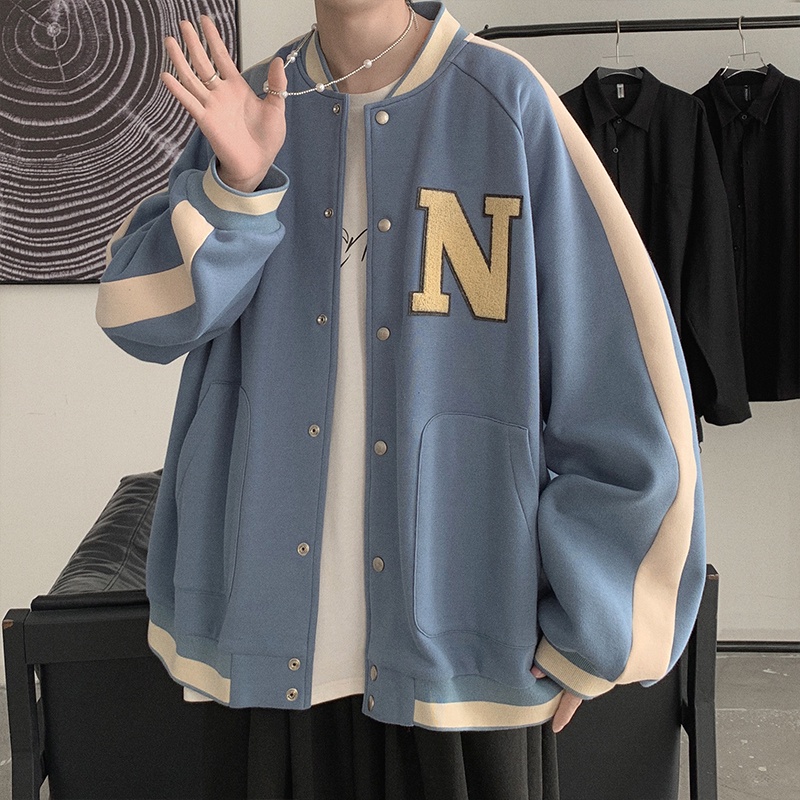 Áo khoác bóng chày nam da nữ sắc thời trang cho trang màu áo dài tay Hàn Quốc simple retro ifashion jacket unisex túi new tops for men