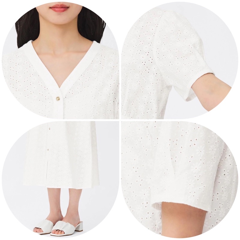 Đầm sơ mi thêu bởi cổ tim xinh xắn, dễ thương Vintage, mơ màng như nàng thơ của GU - Nhật