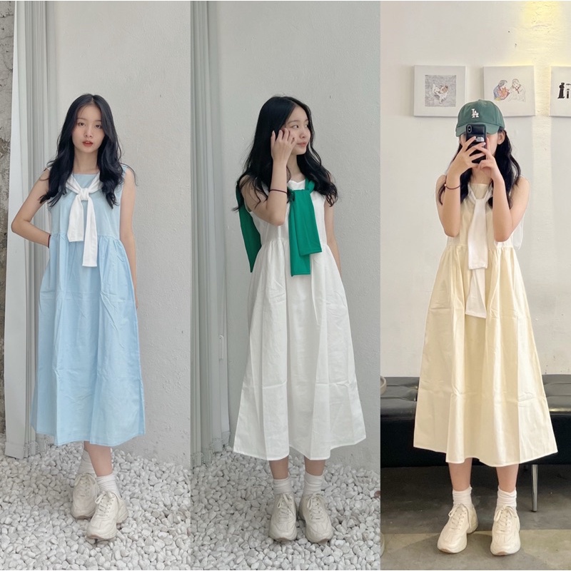 Đầm babydoll cộc tay kèm khăn dáng dài form rộng ulzzang ba màu Kozoda D62