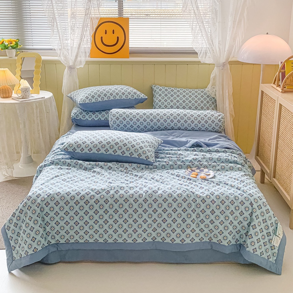 Bộ chăn ga gối Cotton đũi 5 món sọc kẻ Hàn Quốc, chăn trần bông nhập khẩu chất liệu vải đũi mềm mại và thông thoáng