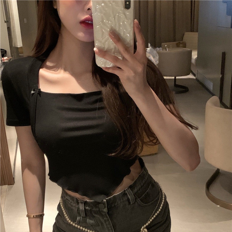 Thời Trang Áo Thun Tay Ngắn Cổ Vuông Phối Nơ Nữ Tính | BigBuy360 - bigbuy360.vn