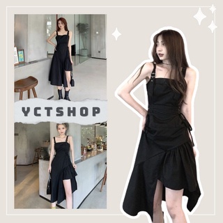 Váy đen 2 dây vạt lệch tà chất liệu : đũi 000323