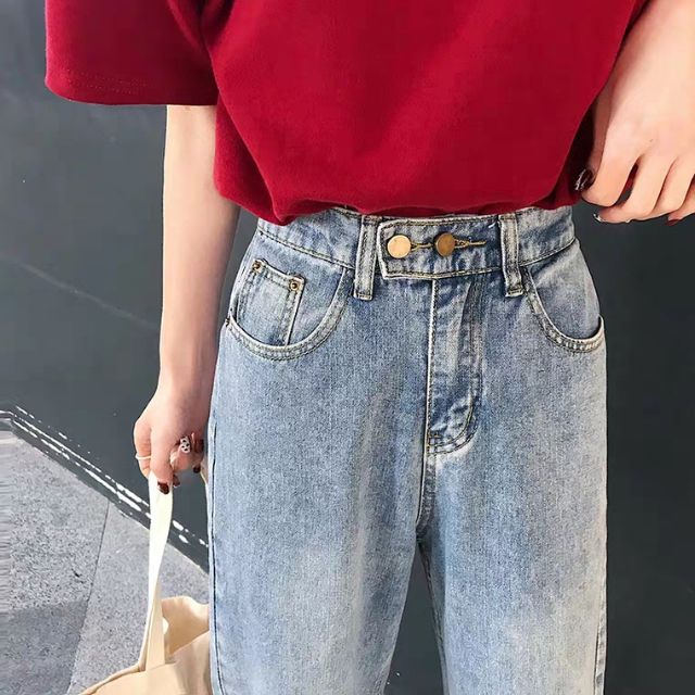 Quần slim baggy jeans hai nút đôi form suông cạp cao ulzzang kèm ảnh thật