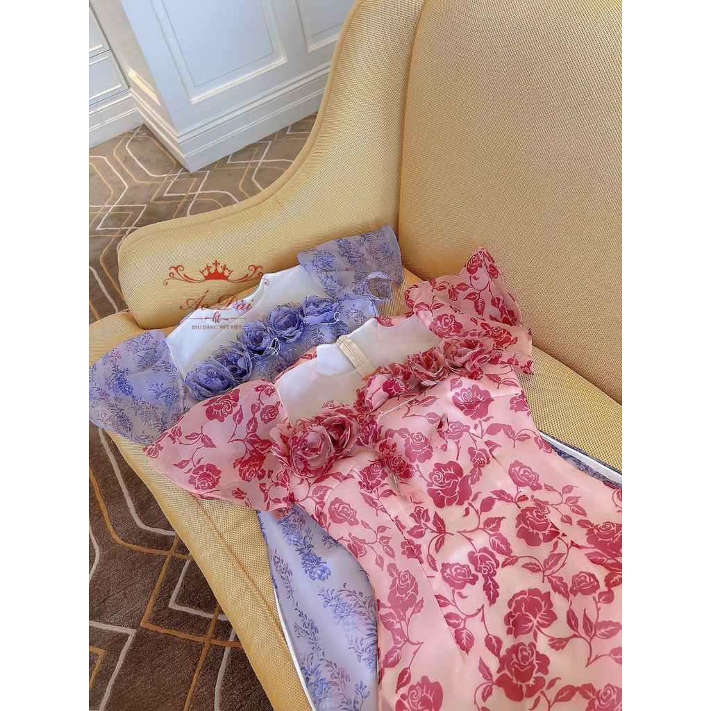 Áo dài cách tân 4 tà Organza Tím Oải Hương và Organza Hoa Hồng may kết đính tỉ mỉ kèm ảnh thật tự chụp