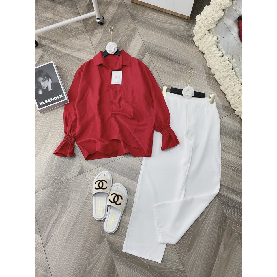 Set áo sơ mi đỏ chun tay quần baggy trắng đồ bộ nữ LT802