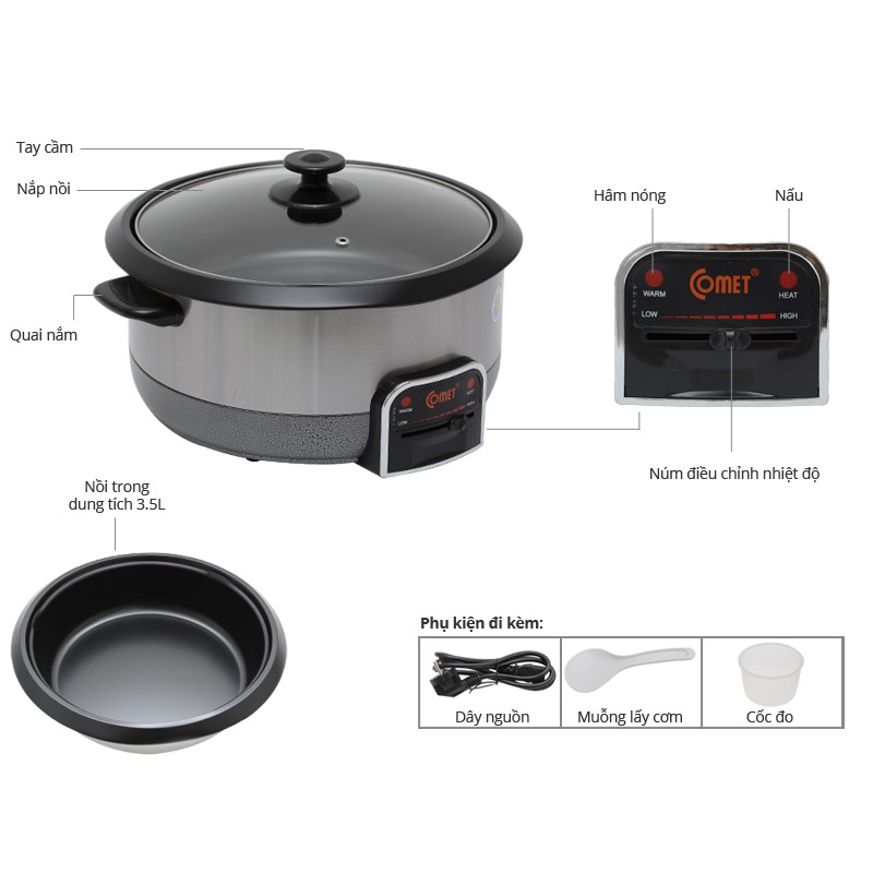 Nồi lẩu điện Comet CM7731 - 3.5 Lít - Vỏ hợp kim nhôm không rỉ với thời gian