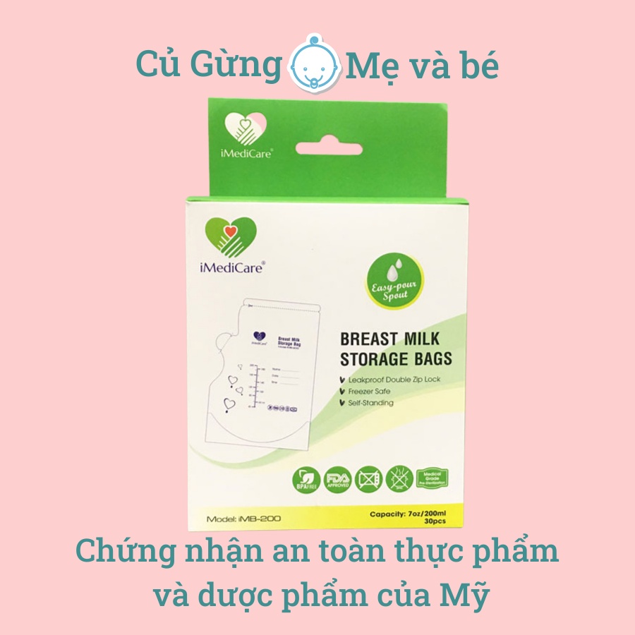 Túi trữ sữa IMEDICARE iMB-200, Túi trữ sữa mẹ, hộp 30 túi dung tích 200 ml