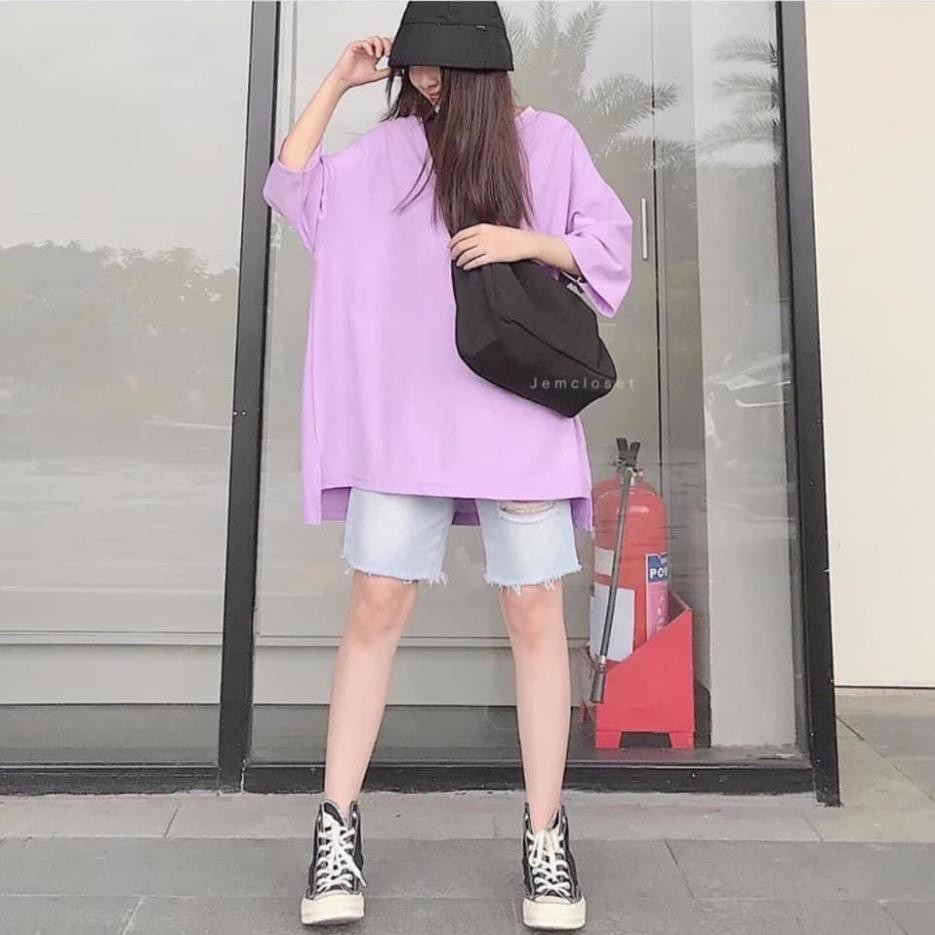 Áo phông trơn dáng rộng xẻ vạt - Thun tay lỡ bigsize form to cổ tròn 4 màu đen trắng tím be ulzzang nữ HOT  ༷