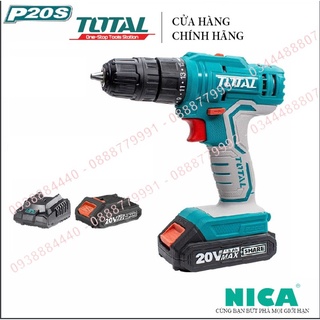 Máy khoan pin cầm tay 20V Total TDLI20011 hai tốc độ 400/1500v/p, siết 45nm, khả năng khoan 10mm, kèm theo 1 pin sạc, đầ