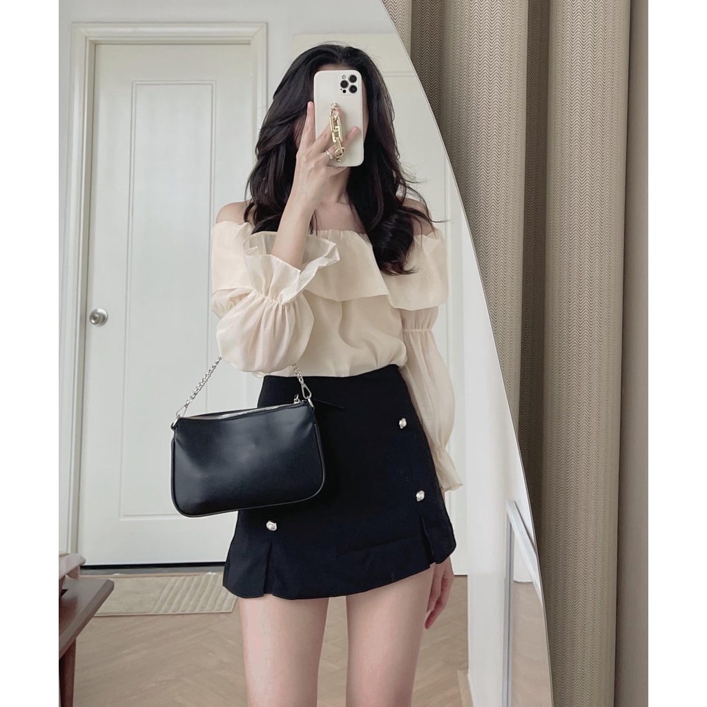 (ảnh thật) Audrey Set áo tơ trễ vai chân váy 4 khuy 793 | BigBuy360 - bigbuy360.vn