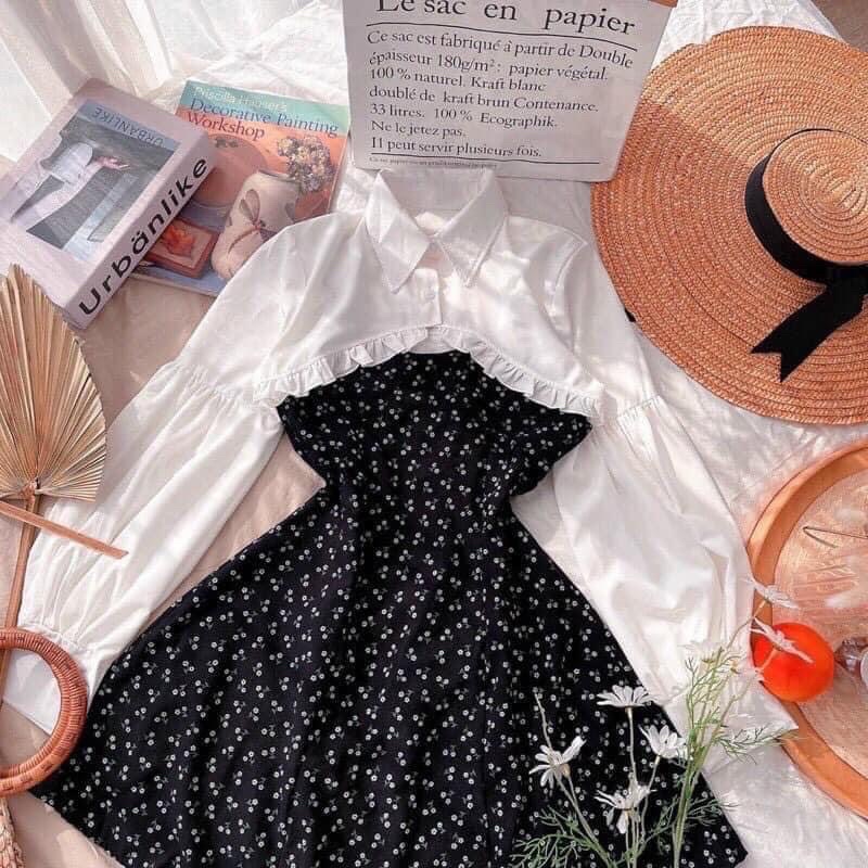 [Rẻ Vô Địch]Set Áo Croptop Sơ Mi Bèo Trắng Dài Tay Mix Váy 2 Dây xoè Thời Trang Nữ Hot Hit