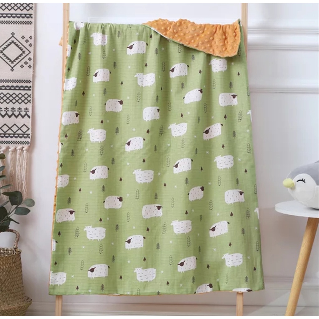 Chăn xô muslin mix nhung bi 4 mùa cho bé Thị Nắng Store, Chăn kích thước 70x110cm cho bé sơ sinh