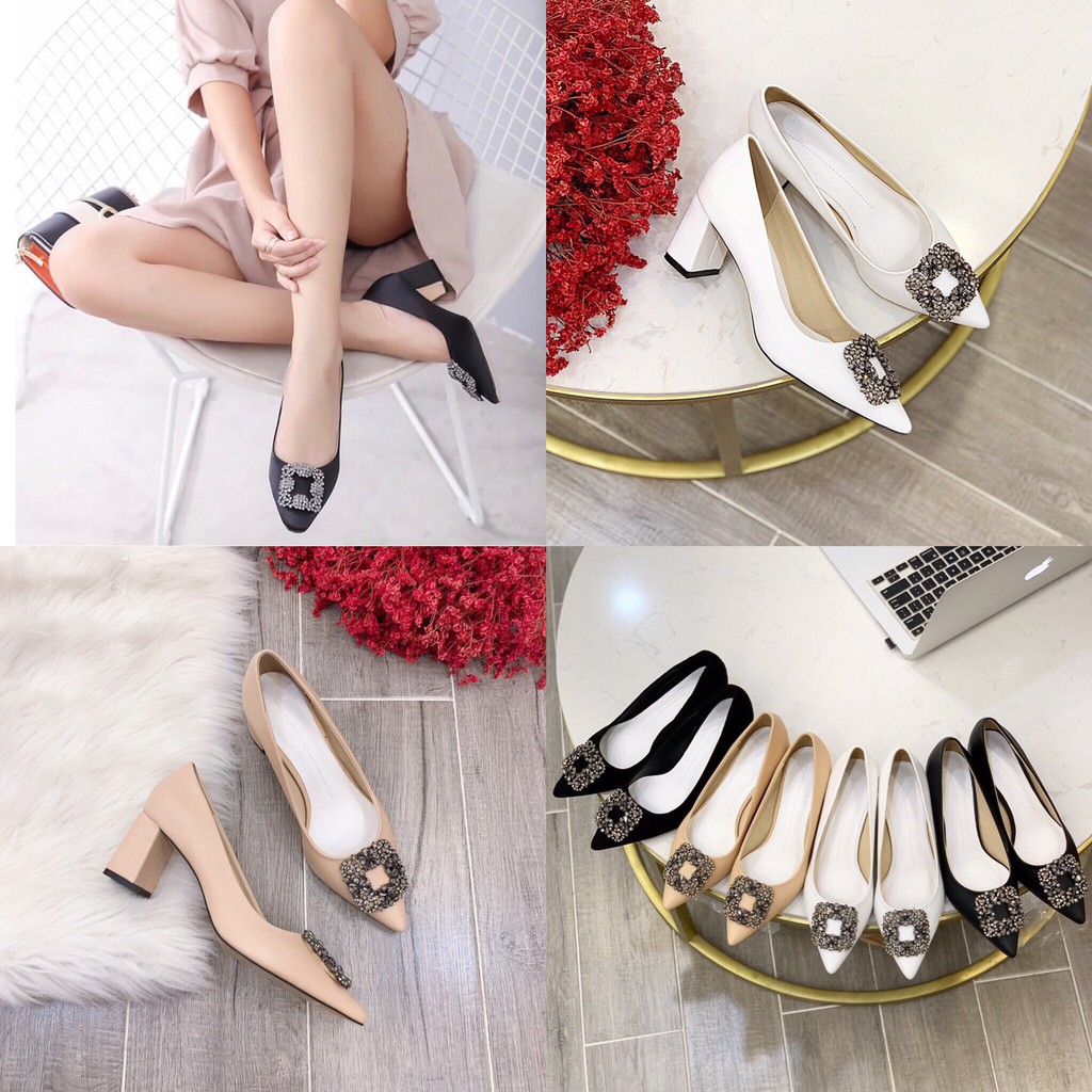 ( ảnh thật ) Giày cao gót công sở mũi nhọn đính đá nhập 7cm