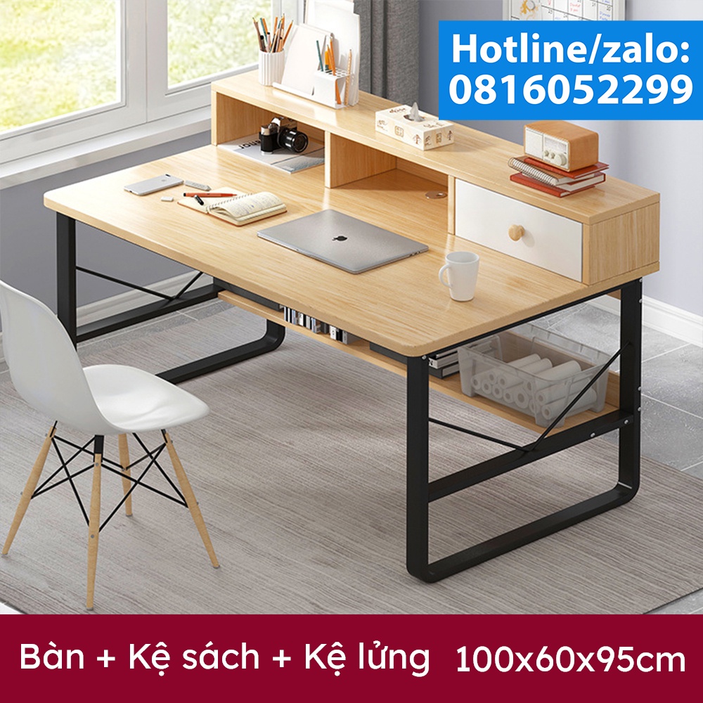 Bàn Làm Việc Có Kệ Lửng và Kệ Sách Đa Năng Trên Mặt Bàn 1mx60, 1m2x60, Bàn Văn Phòng Thông Minh, Khung Sắt Kèm Giá Sách